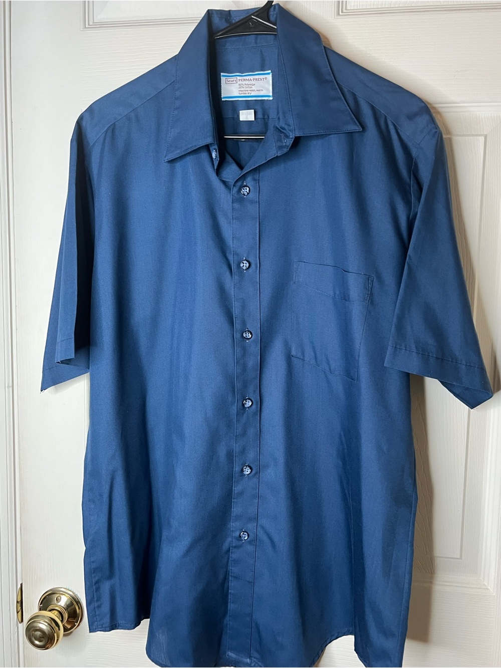 Vintage 70s Sears Perma Prest Blue Short Sleeve Button Up Men’s Size 16 1/2